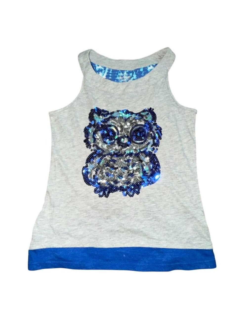 Justice Girls Gray Tank Top Blue Sequin Embellished Owl Size10-GUC